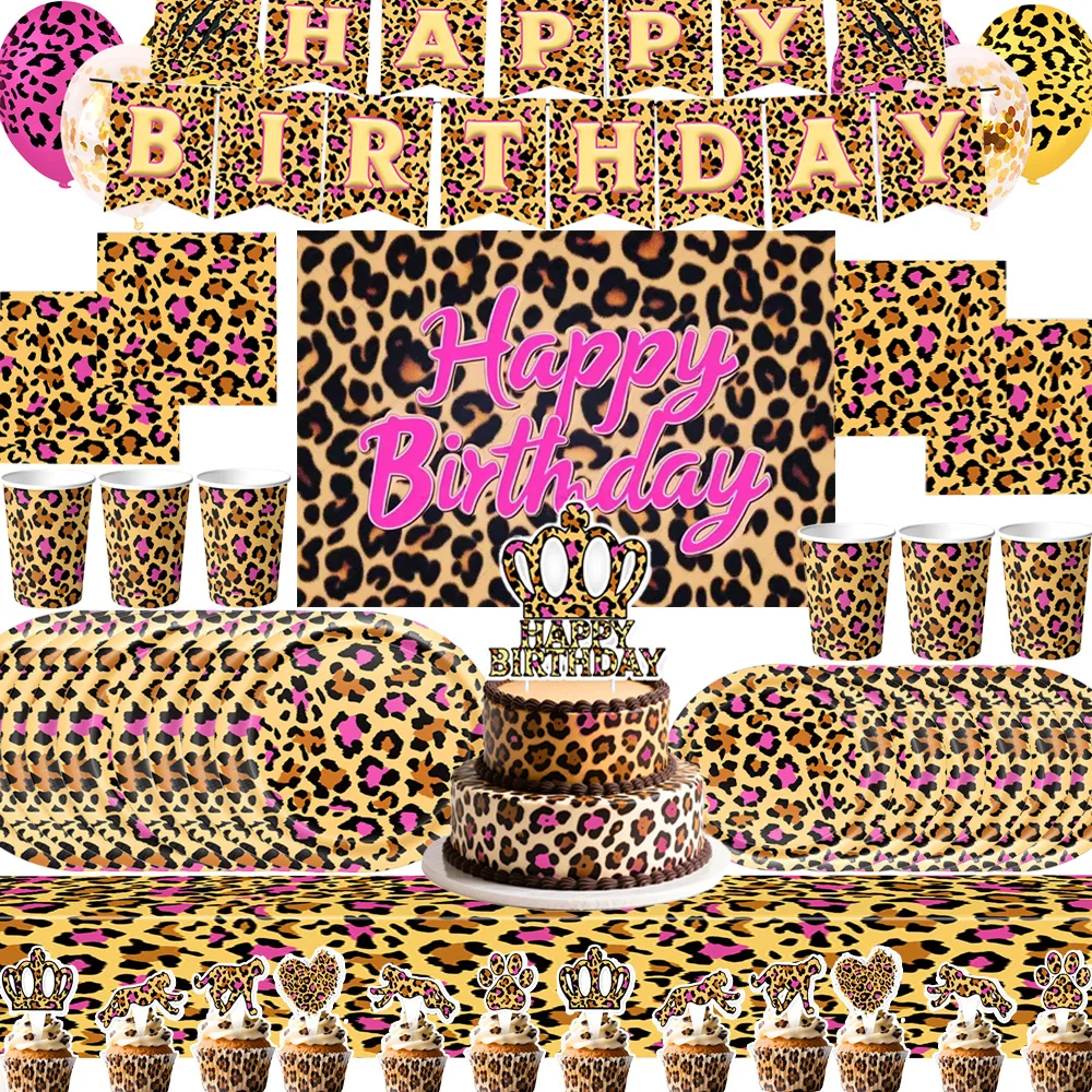 Image of Rosa Leopardenmuster Geburtstagsparty-Zubehör Geparden-Thema Tischgeschirr Teller Becher Tortendekoration Ballon Mädchen Wilde Tiere Geburtstagsdekoration