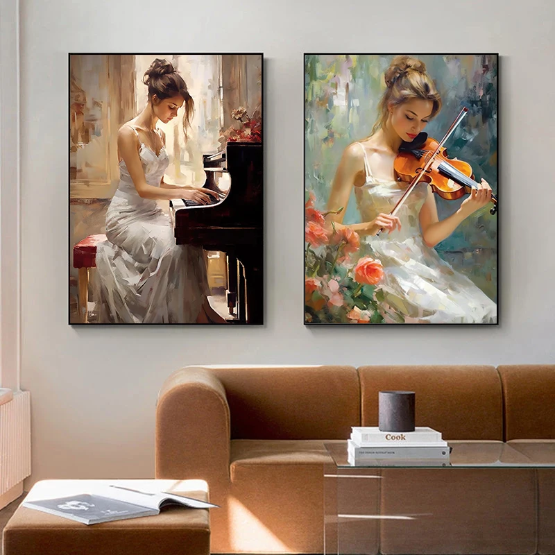 Vintage Elegant Woman Piano Violin  Painting Print on Canvas Music Art Figure Posters and Prints for Living Room Wall Decor