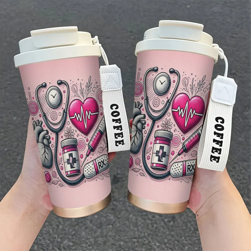 1 medical coffee cup with ECG, ECG, heart-shaped heart and stethoscope design | 18oz leak-proof 316 stainless steel cup