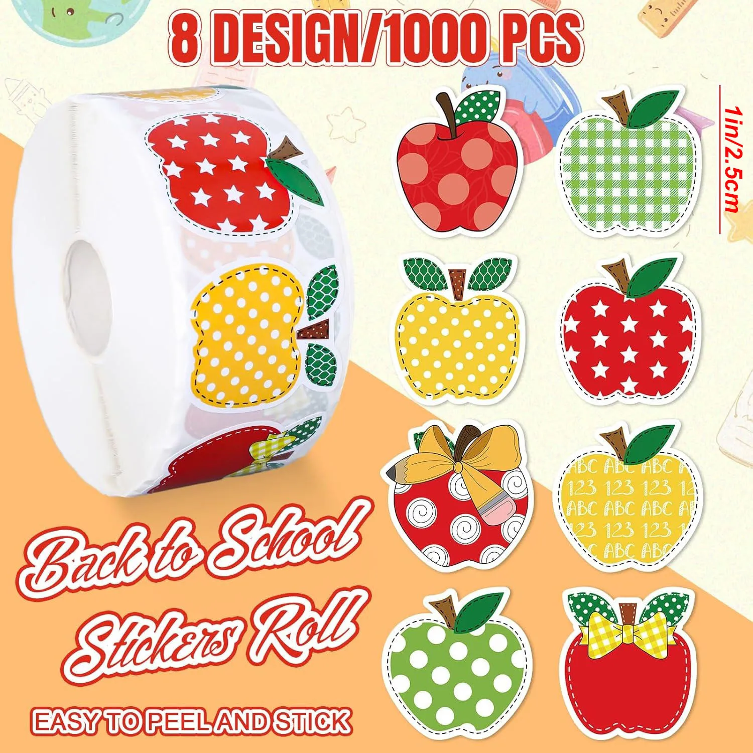 500Pcs Back to School Stickers Roll Apples Shape Paper Decals 8 Designs Assorted Patterns Self-Adhesive Decorative Stickers