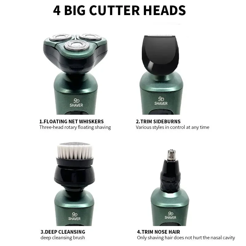 Groene Slimme Elektrische Scheerapparaat Lcd Digitaal Display Drie-Head Zwevend Scheermes Usb Oplaadbare Wassen Multifunctioneel Baardmes