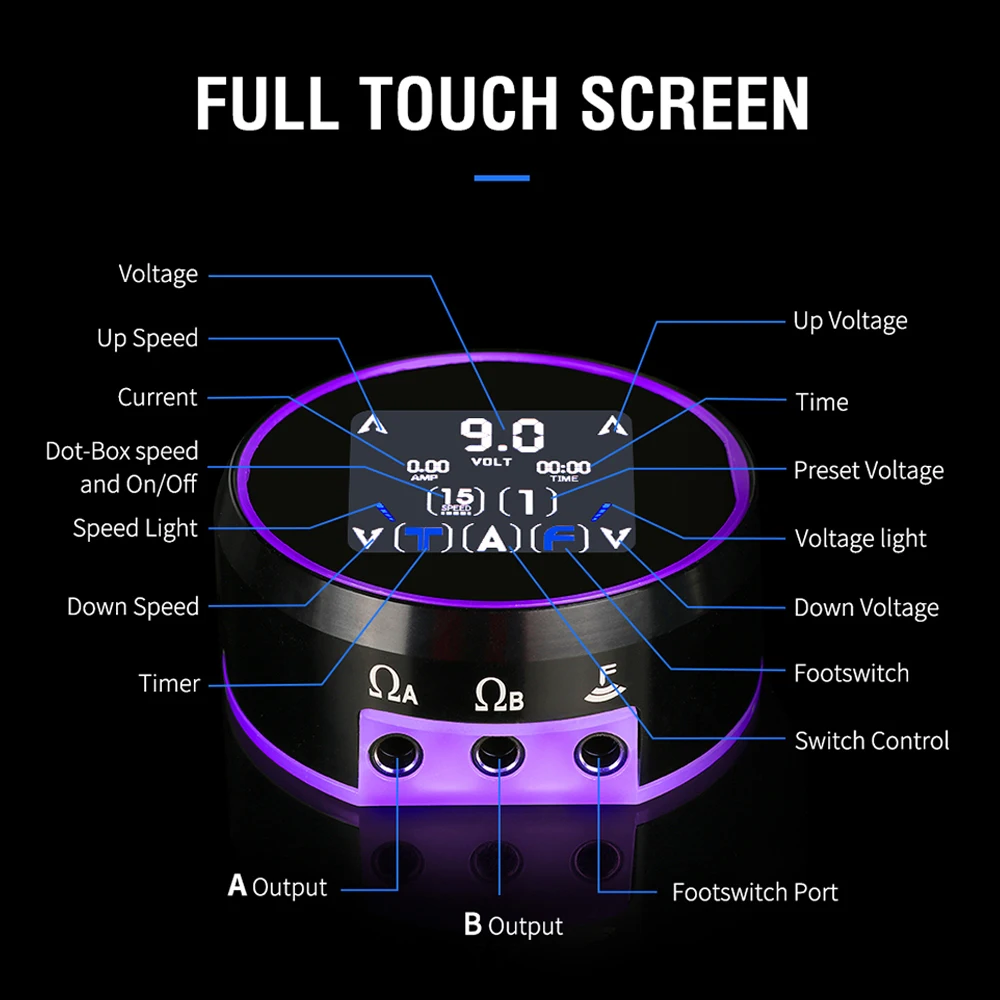 Professional Tattoo Power Supply for Tattoo Machine, Dot-Work 3 Preset Voltages Dual Output Touch Screen Color Varies by Voltage