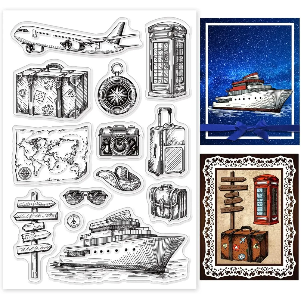 Travel Silicone Clear Stamp Airplane Map Transparent Silicone Stamp Camera Boat Rubber Stamp for Scrapbook Journal