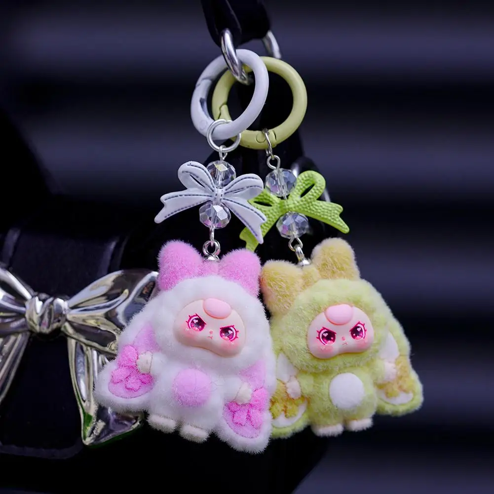 

New Fashion Flocking Butterfly Knot Triplets Keychain Backpack Pendant Cute Three Kids Design Soft Fabric Accessory For Handbags