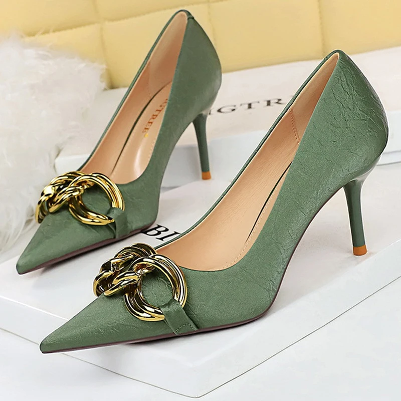 Women 7.5cm 9.5cm High Heels Escarpins Pumps Lady Metal Chain Low Heels Fetish Nightclub Slim Fit Party Green Office Prom Shoes