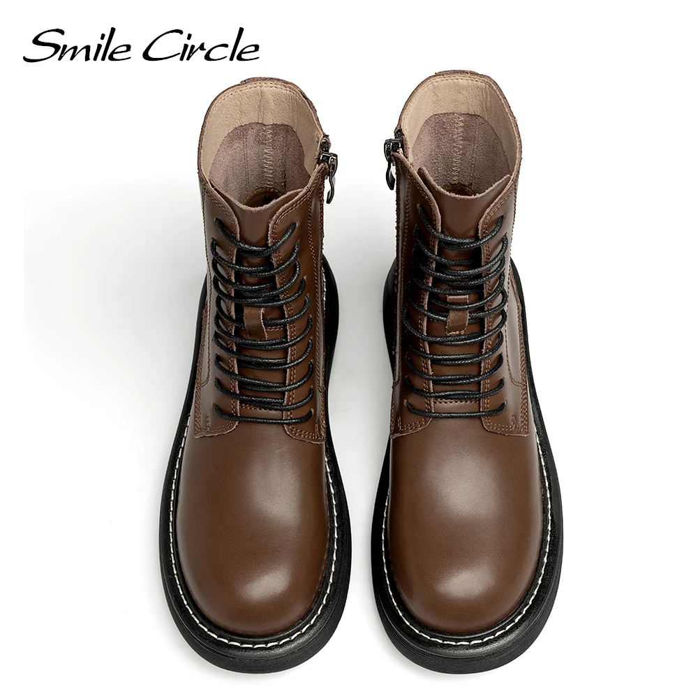 Smile Circle Ankle Boots Women Winter Flats Platform Boots Round Toe Lace-up Motorcycle Boots Ladies Booties Black