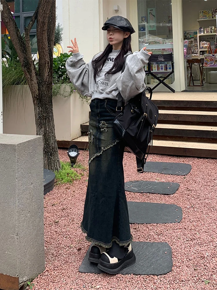 Star Embellied Distred Denim Fi Tail f Rok Dames Lente Zomer Nieuwe Amerikaanse Retro Pittige Meisje Bodycon Middellange lengte...