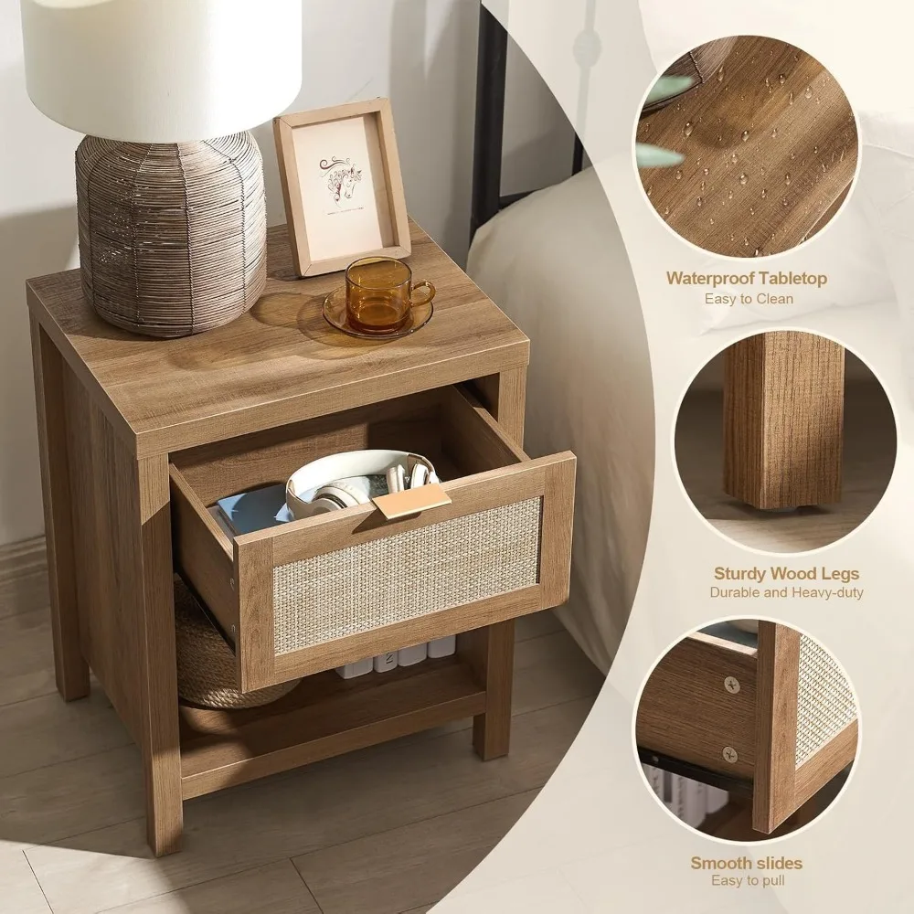 Rattan Nightstand Set of 2 - Night Stand with Drawer and Storage Shelf -  End Tables Side Table Accent Table for Bedroom image 6