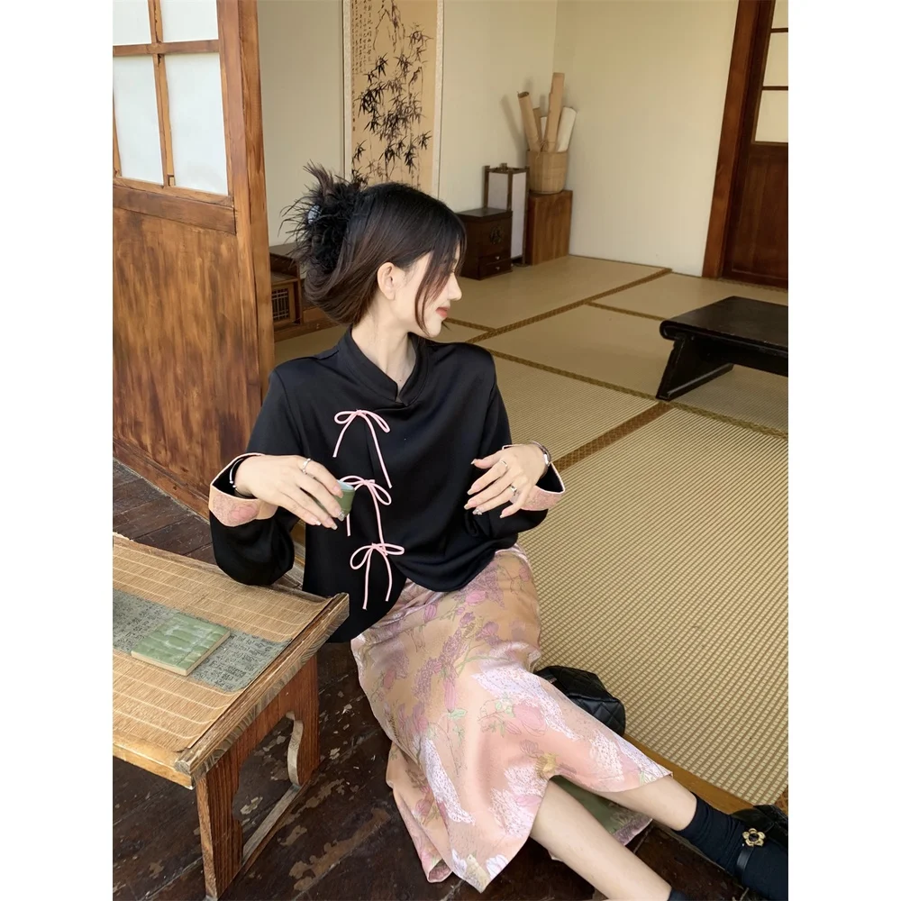 New Chinese collar lace-up buckle long sleeve shirt + high-waist versatile jacquard skirt 2 pieces suit