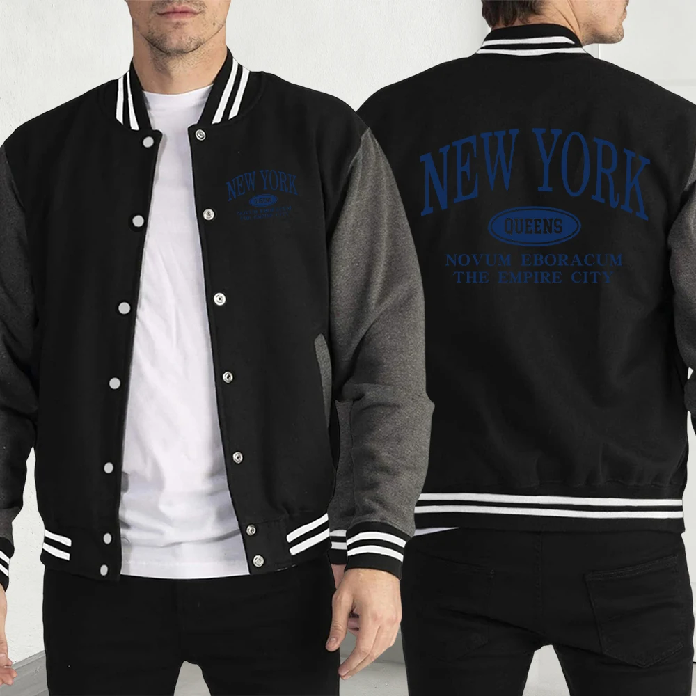 

New York Queens Letters Print Jackets Men Casual Comics Clothing Harajuku Fleece Y2K Menswear Autumn Streetwear Baseball Jersey