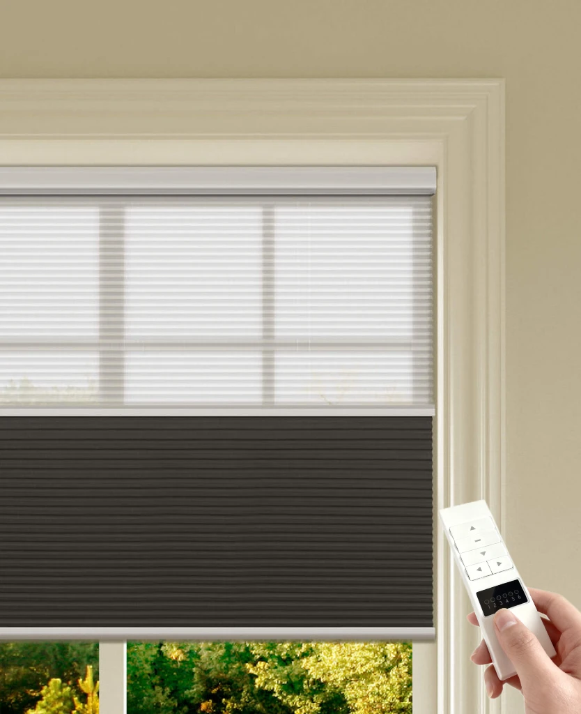 Motorized Day/Night Cellular Shades Blackout Top Down Bottom up Honeycomb Blinds for Windows Cordless Curtains with Sheer