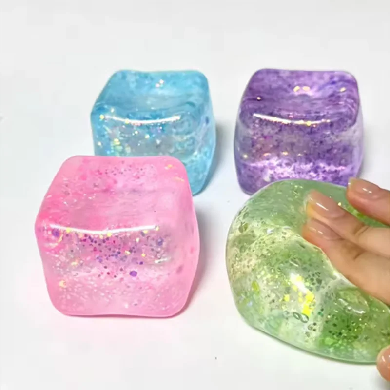 Colorful Glitter Stress Cube Toy Anti-Stress Slow Rebound Ice Cube TPR Block Small Squeeze Ice Cubes for Compression Therapy