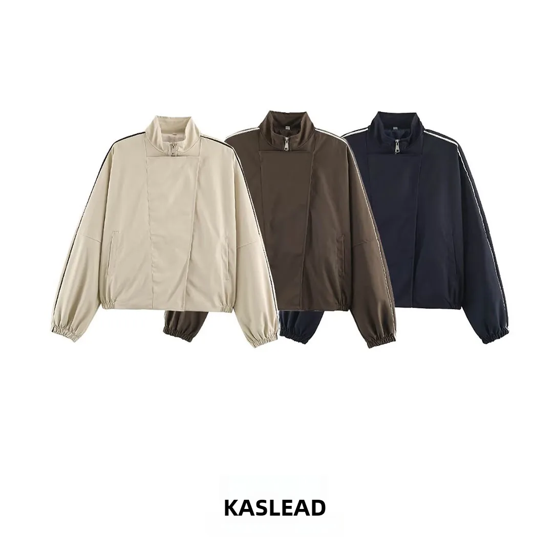 KASLEAD New Women's Fashion High-End Feel Stand Collar Pilot Jacket Coat with Embellishment Short Outerwear Zipper Closure Lo...