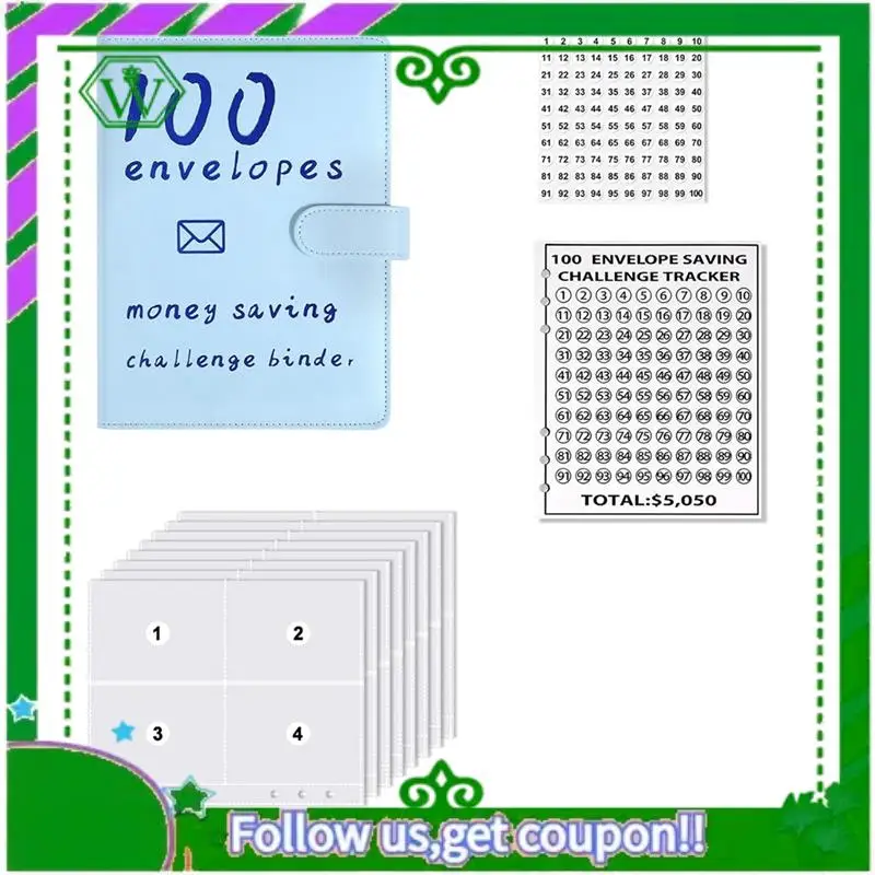 

ABIK-100 Envelopes Money Savings Challenges Book,Storage Budgeting Binder Budget Book Cash Saving Challenge Kit(Blue) Easy Insta