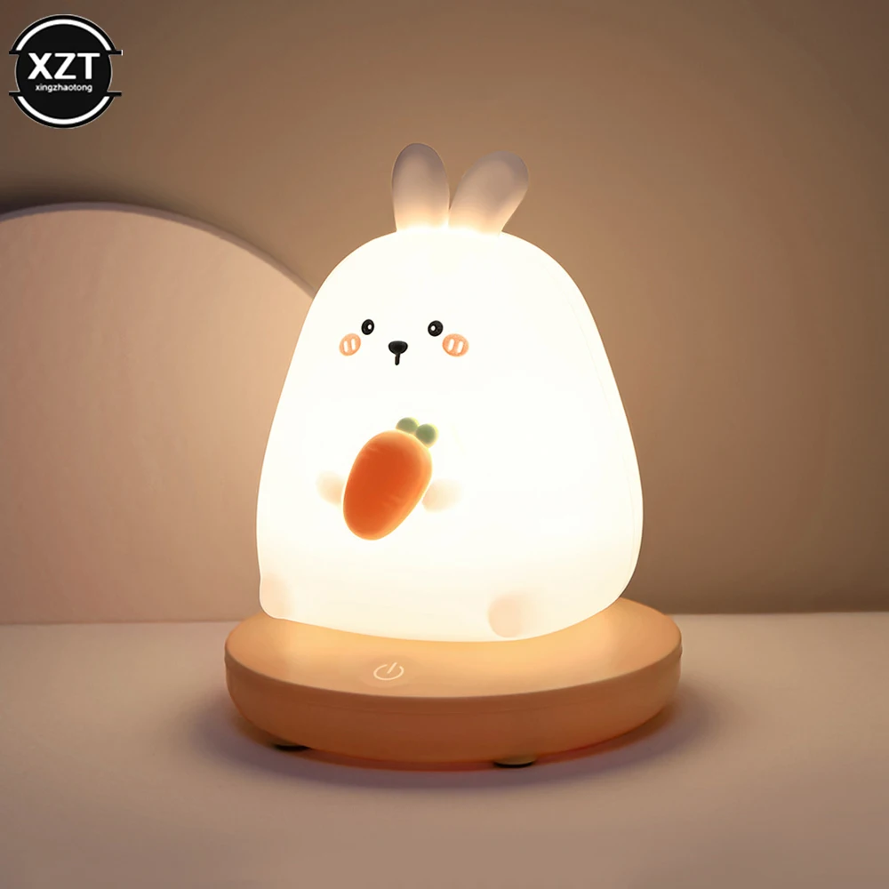 Bedroom Night Light for Children Cute Animals Pig Rabbit LED Silicone Rechargeable Lamp Touch Sensor Dimmable Kids Holiday Gifts