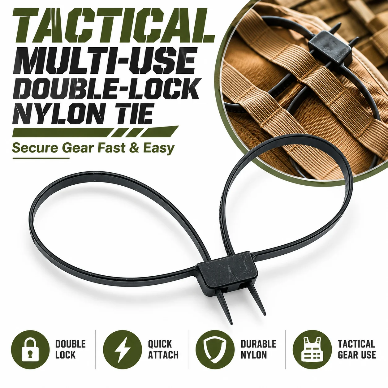 Tactical Double Lock Nylon Cable Tie Multi Purpose Strap Lightweight Fastener Tie for Outdoor Training Camping and Hunting Gear