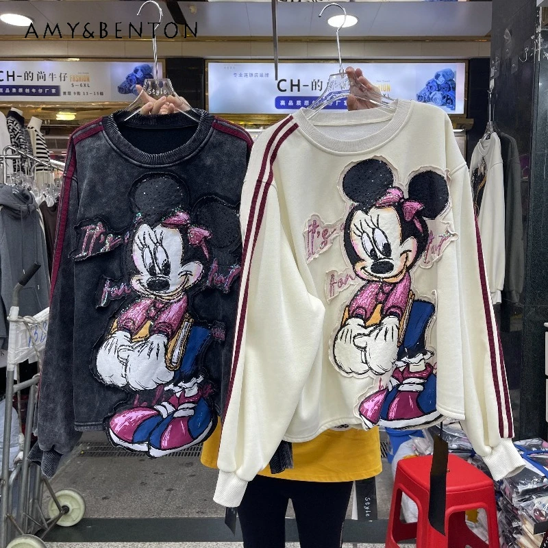 

2025 New Heavy Industry Cartoon Patch Embroidery Crew Neck Sweatshirt For Ladies Loose Casual Versatile Top Hoodies Pullovers