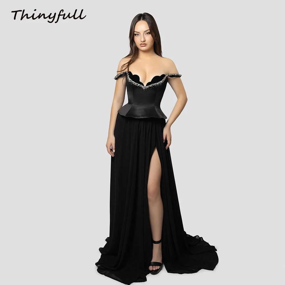 

Thinyfull Chiffon/Satin A-line Prom Dresses Off Shoulder Sweetheart Evening Dress Crystal Dubai Gown robes de soirée Customized