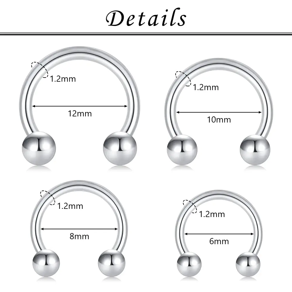 4Pcs/32pcs 16G Septum Nose Rings Stainless Steel Hoop Horseshoe Piercing Jewelry Tragus Cartilage Earrings for Women Men 6-12mm