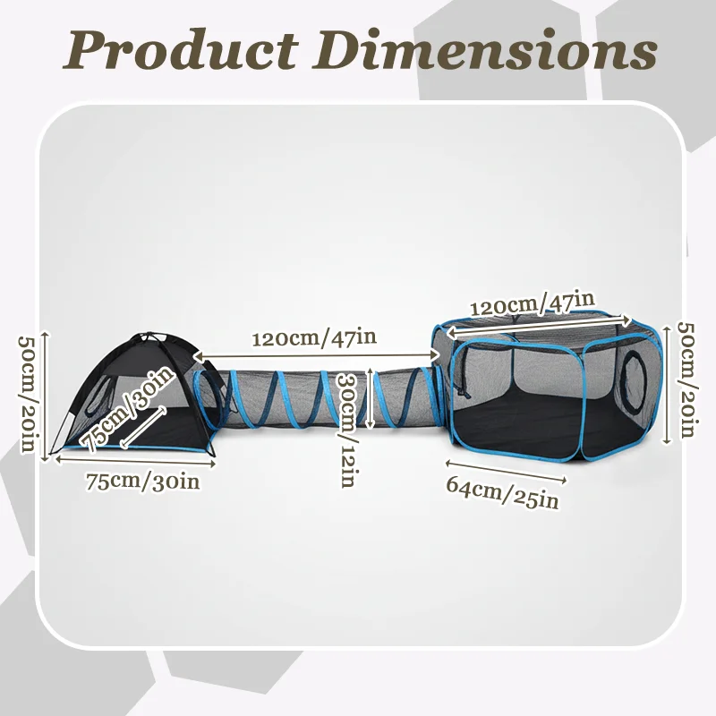 Foldable 3-in-1 Cat Playpen Tent Tunnel Pop Up Pet Exercise Play House Breathable Mesh Kennel for Indoor Cats Kittens