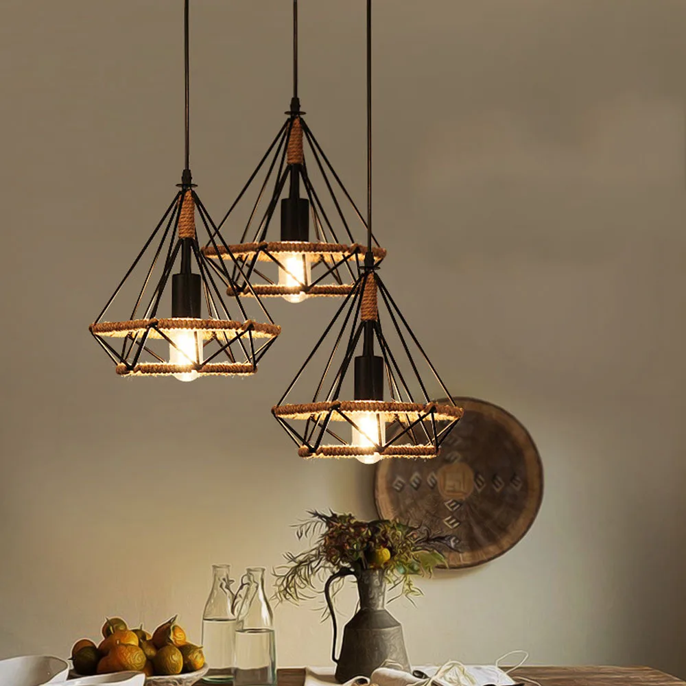 E27 Industrial Lighting Loft Pendant Light Vintage Lamp Shade Loft Coffee Bar Kitchen Hanging Pendant Light Metal and Hemp Rope