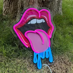 Lip Tongue Neon Sign for Wall Decor LED Light UV Print Neon Signs for KTV Bar Men Cave Bedroom Party Wedding Decoration