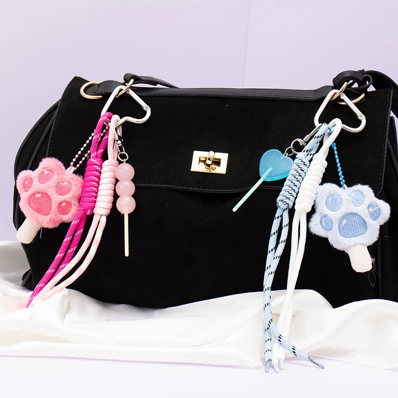 Niedlicher Plüsch-Katzenpfoten-Schlüsselanhänger mit Tanghulu-Geflechtband, Kawaii Rosa Taschenanhänger, DIY-Stil Rucksack-Accessoire für Ästhetische Mädchen