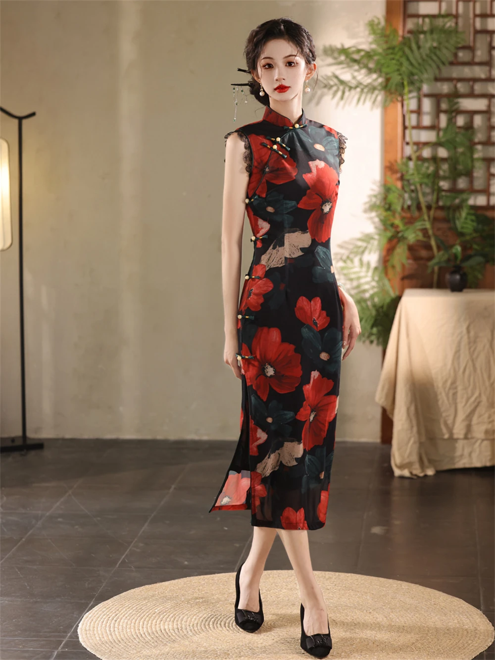 Young Style Improved Sleeveless Cheongsam Women Chinese Retro Old Shanghai Printed Qipao Dress High-end Temperament Evening Gown