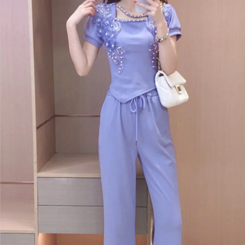 Korean Style Wide Leg Trousers Woman Purple Pant Sets for Women 2 Pieces Tailor Fashion Clothing 2024 With Sleeve Classy Sales D