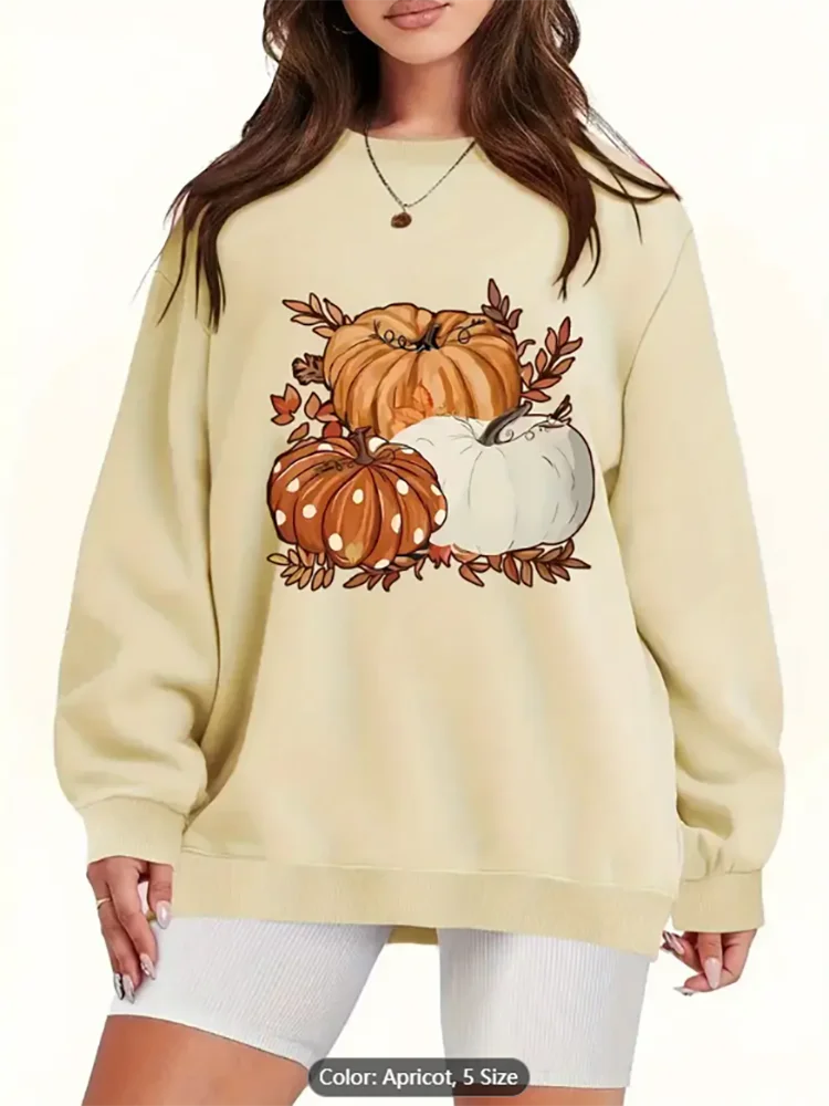 

Толстовка с принтом тыквы на Хэллоуин — уютный серый пуловер с круглым вырезом, праздничный дизайн тыквы и осенних листьев