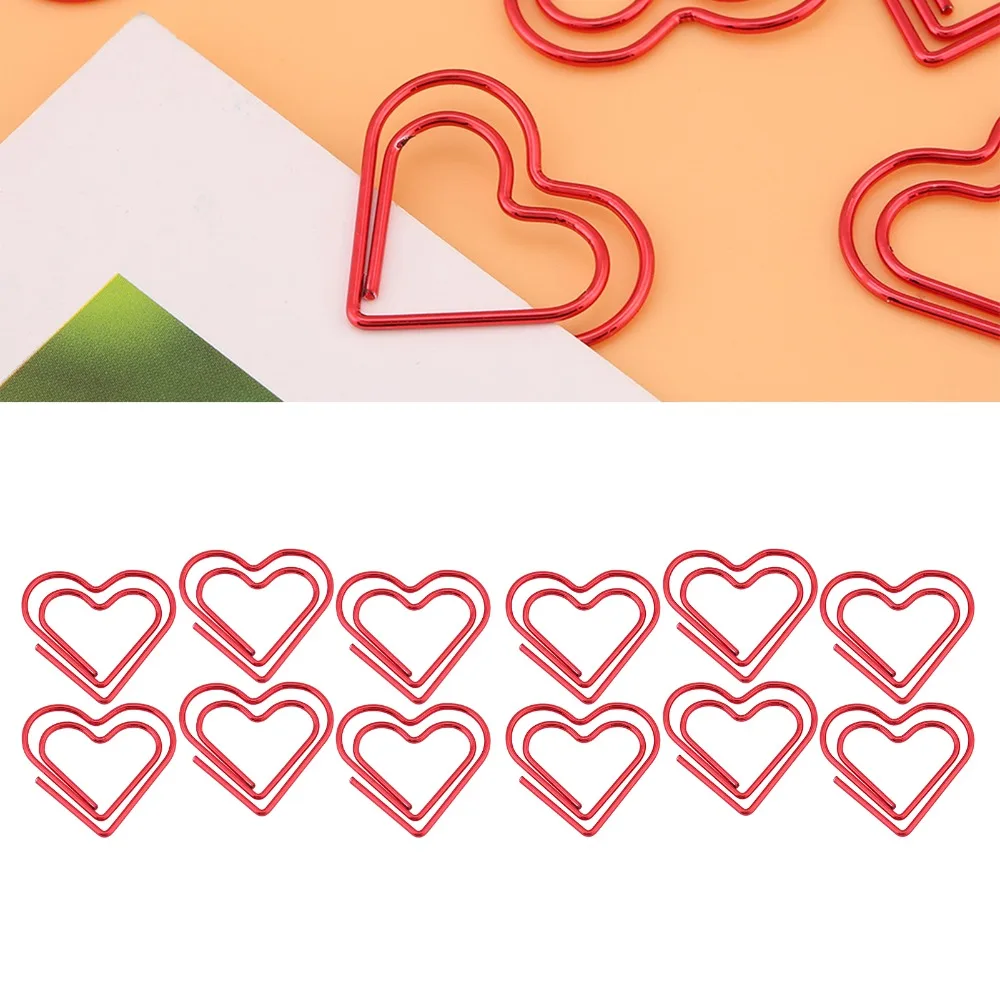 12pcs Red Heart Shape Paper Clips Stainless Steel Transparent Box Stationery Clip Plastic Document Organizing Clip Notebook