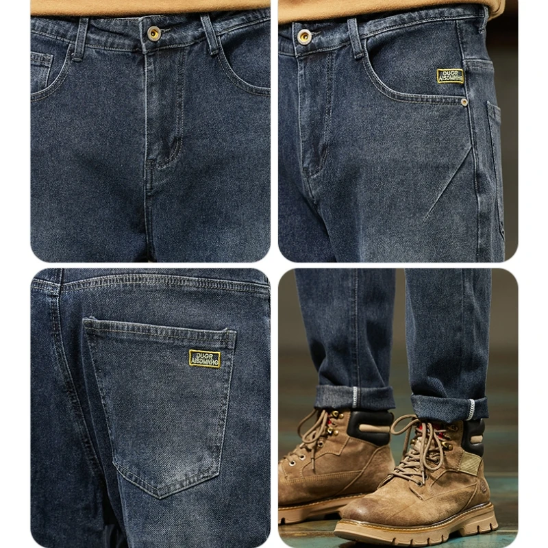 Fleece Thicked  Black Gray Jeans Men's Loose Straight Casual Slim-Fitting Middle-Aged Men Pants Winter Warm Trousers Male Cotton