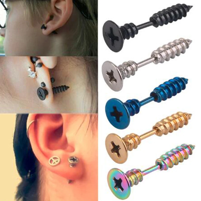 2/8pcs Punk Fashion Silver Gold Black Colorful Stainless Steel Nail Screw Stud Earring for Women Men Helix Ear Piercing Jewelry