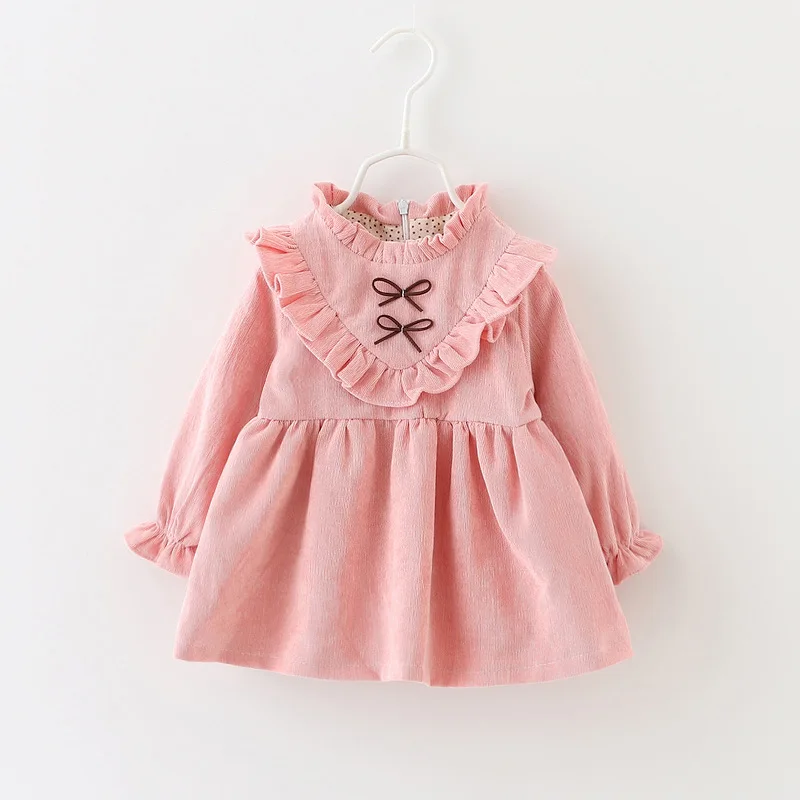 Autumn Girls' Dress Solid Cute Outerwear Children's Clothing Korean Version Fashion Fungus Pleated Edge Baby Kids Princess Dress