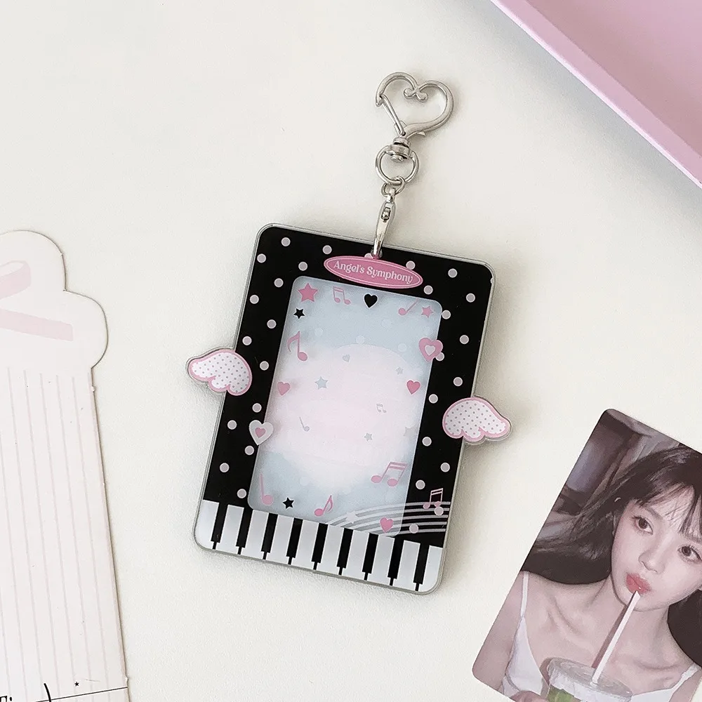 Acrylic Kpop Photocard Holder Keychain 3 Inch Polka Dot Wings Card Holder Cartoon Transparent Idol Card Display Protector