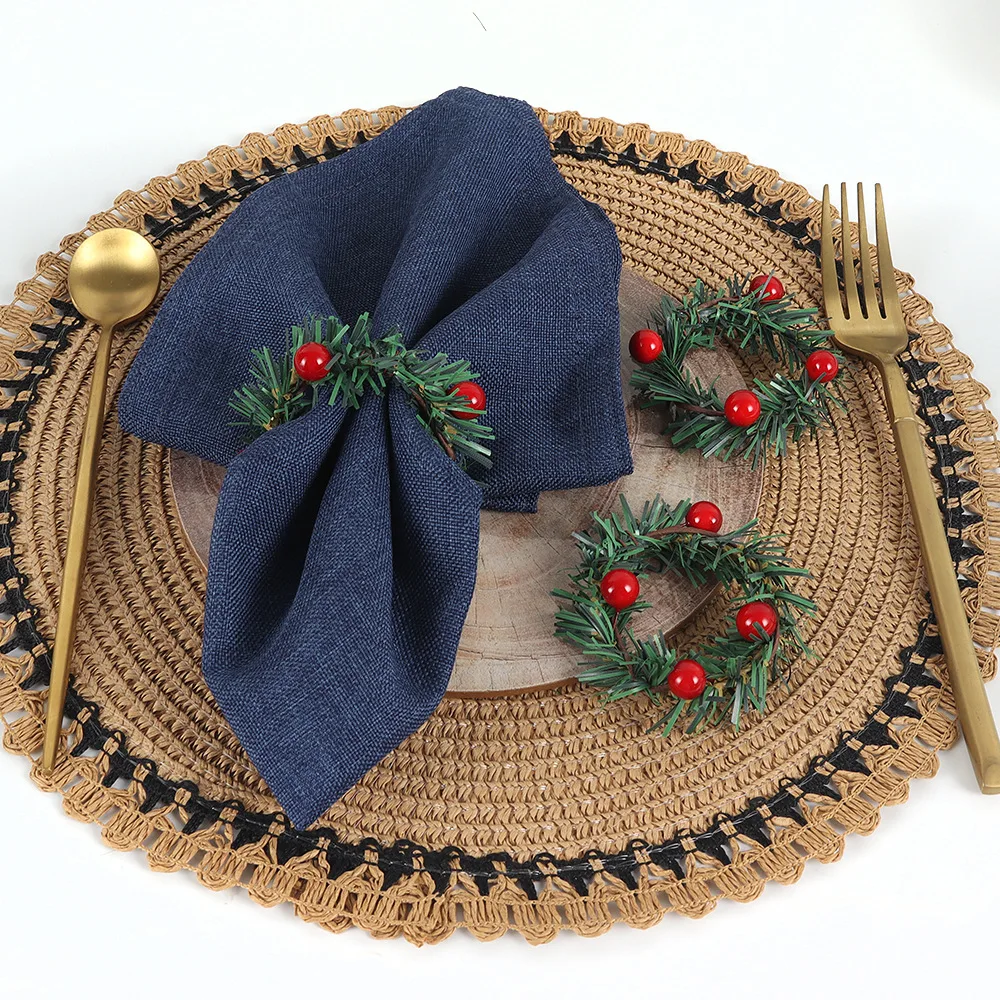 6 Pcs Red Fruit Pine Needle Flower Rings, Thanksgiving, Christmas, Wedding Table Decorations, Napkin Rings