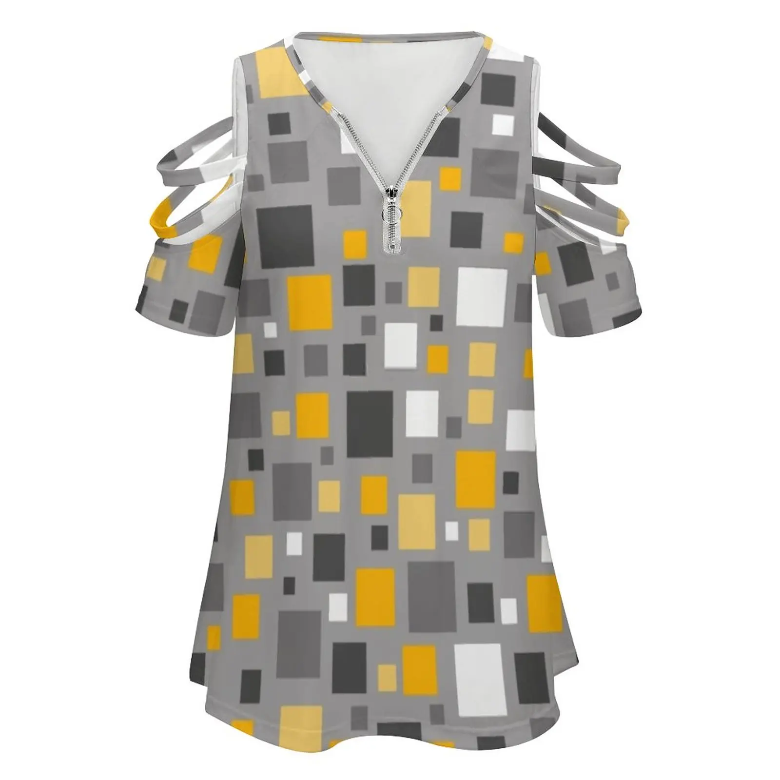 Mustard Yellow And Grey Squares Pixel Polka Dot New Fashion Zip Off Shoulder Top Short-Sleeve Women Shirt Spots Polka Dot Polka