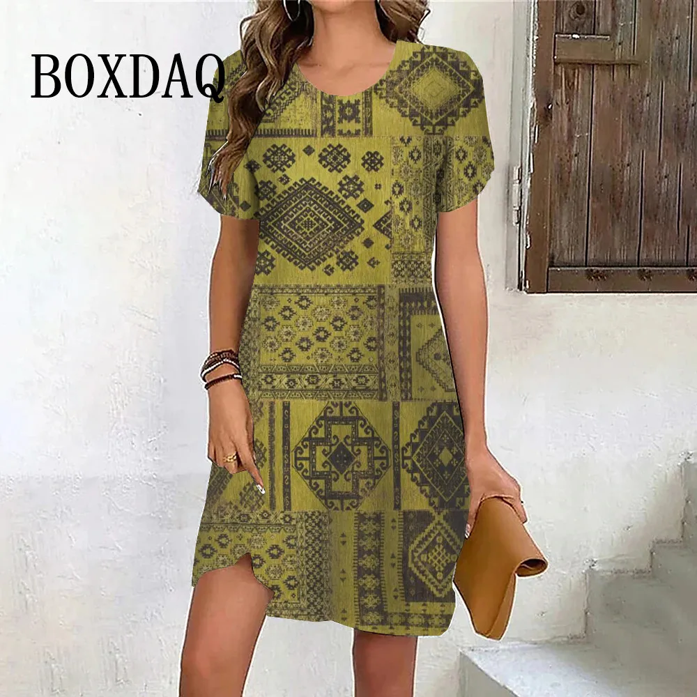 

Ethnic Style Women Geometry Print Dress Vintage Summer Pullover O-Neck Short Sleeve Loose Dress Casual Retro Plus Size Dress 6XL