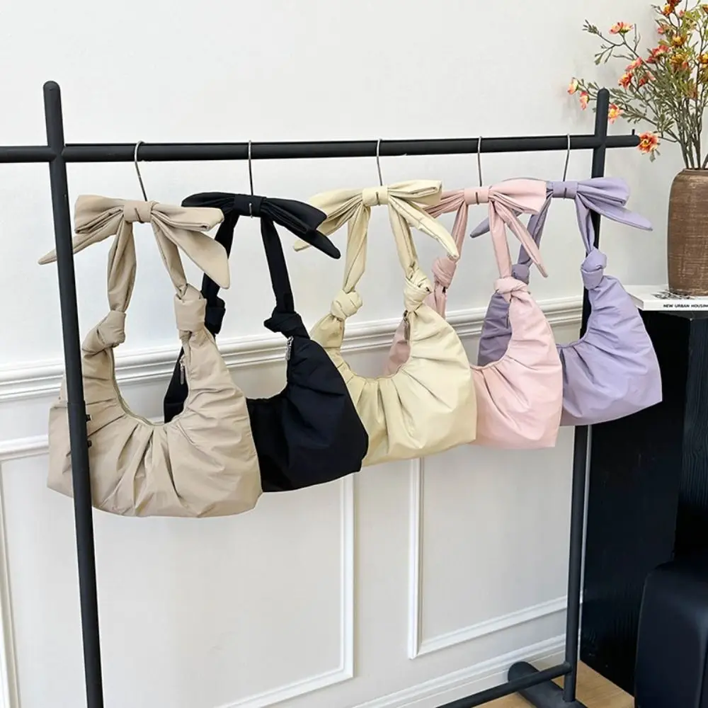 عادية الحلو مطوي القوس حمل حقيبة الكورية نمط لون نقي النايلون الزلابية حقيبة Bowknot الأقلية تصميم سحابة حقيبة في الهواء الطلق
