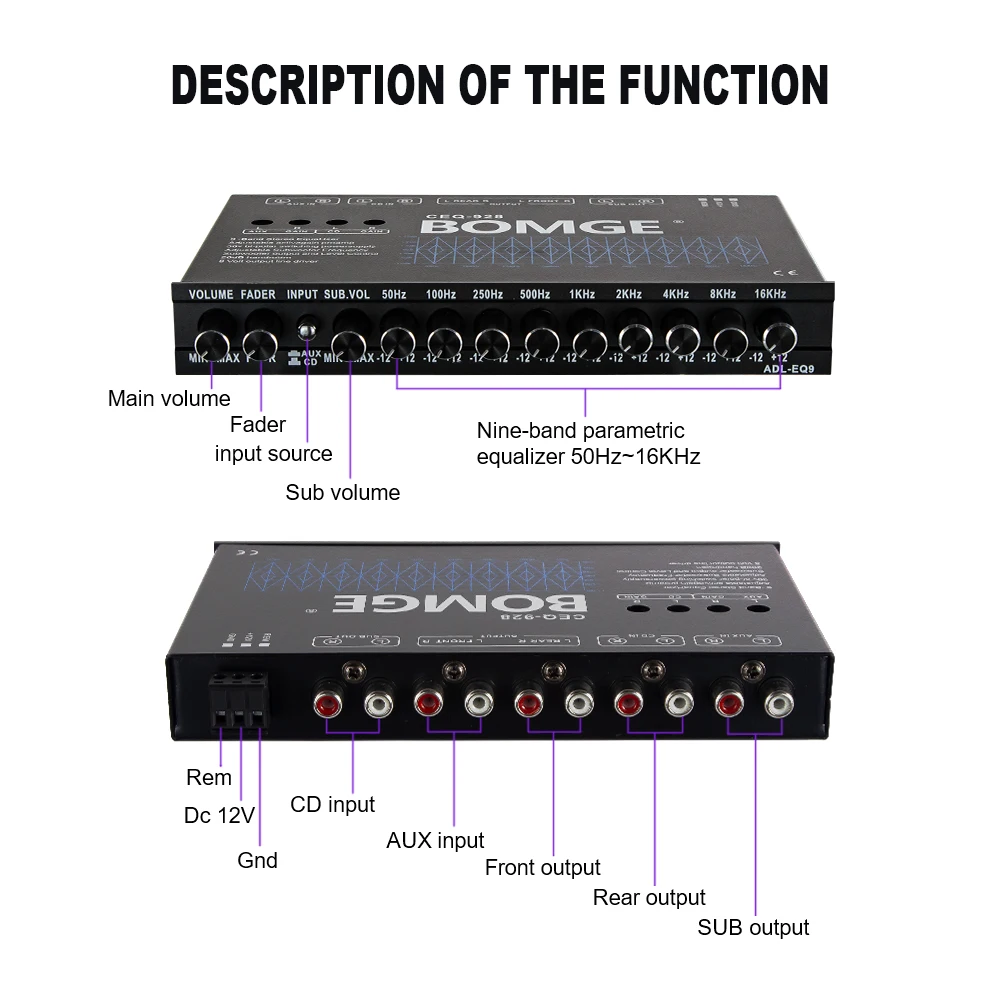معادل صوت السيارة BOMGE ذو 9 نطاقات، مع أمامي، مخرج خلفي + فرعي، مخرج صوت قابل للتعديل لسائق خط RMS 8 فولت للسيارة #6