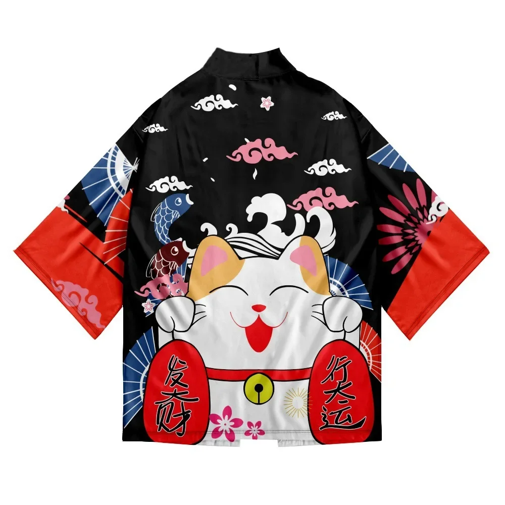Japanese Sakura Cat Samurai Printed Kimono for Men Women, Haori Cardigan, Traditional Costume, Loose Short Sleeve Cloak, S-3XL