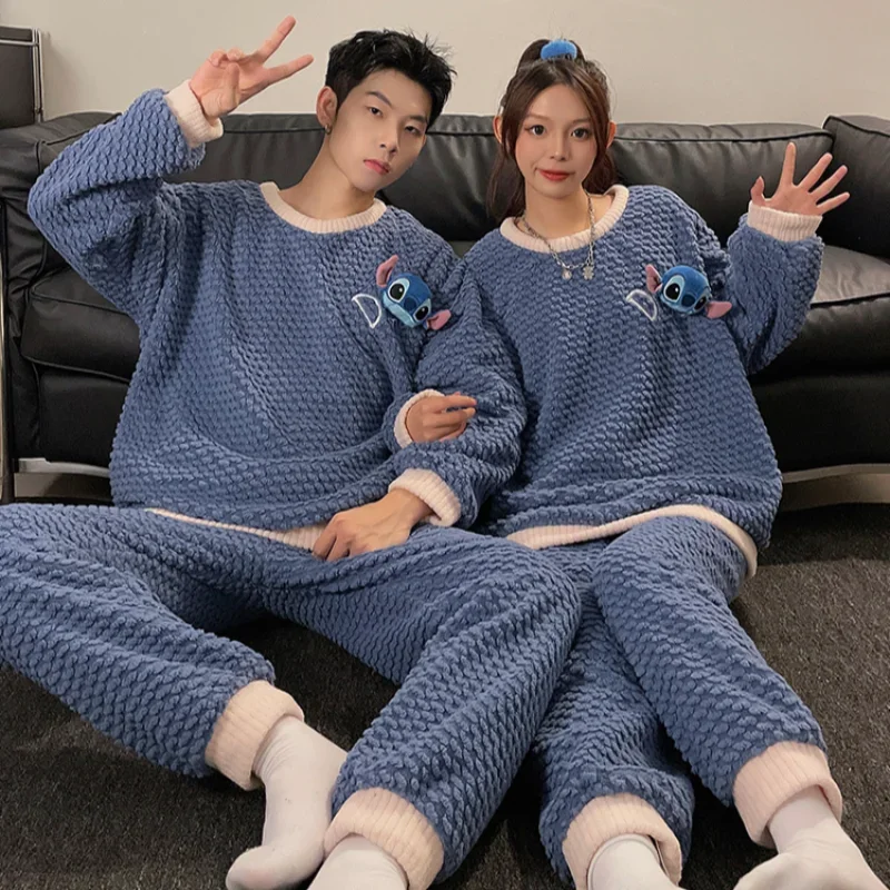 Cartoon Disney couple pajamas new round neck long-sleeved trousers coral fleece two-piece set Stitch men\'s/women\'s pajamas