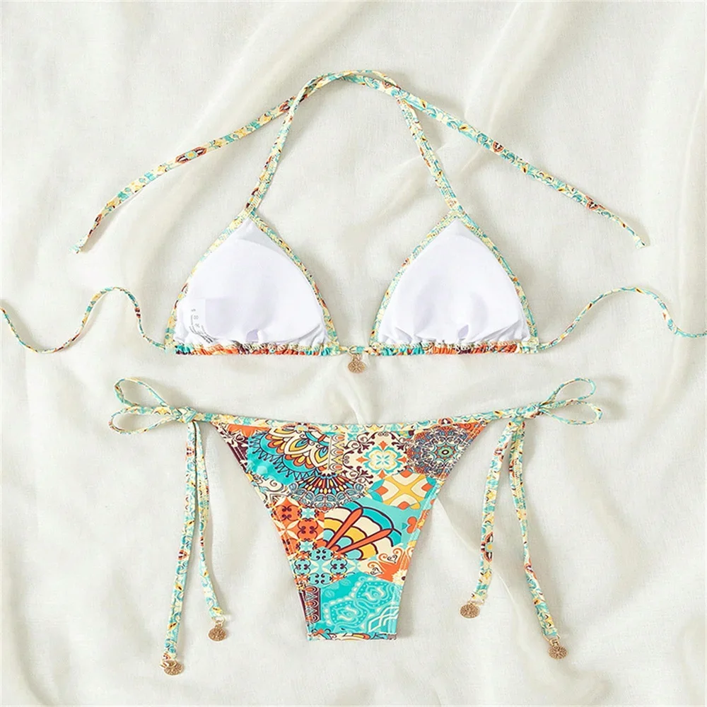 Sexy Boho Stampa Bikini Halter String Backless Lace Up Y2K Costume da bagno Costumi da bagno Vacanza Outfit Costume da bagno Donna Beach Bikini Set
