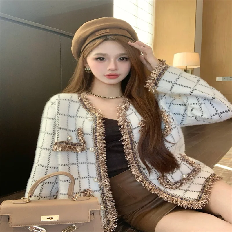 Imitation Mink Fleece Shiny Silk Tassel Edge Small Fragrance Versatile Coat Women's Temperament Sweater Cardigan Warm Coat Women