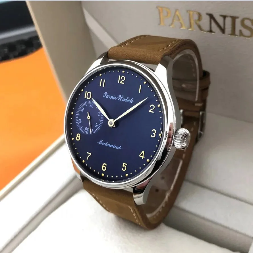 2026 Fashion Parnis 44mm Blue Dial Sapphire Crystal Men Watch Leather Strap Mechanical Hand Wind Men's Watches reloj hombre Gift