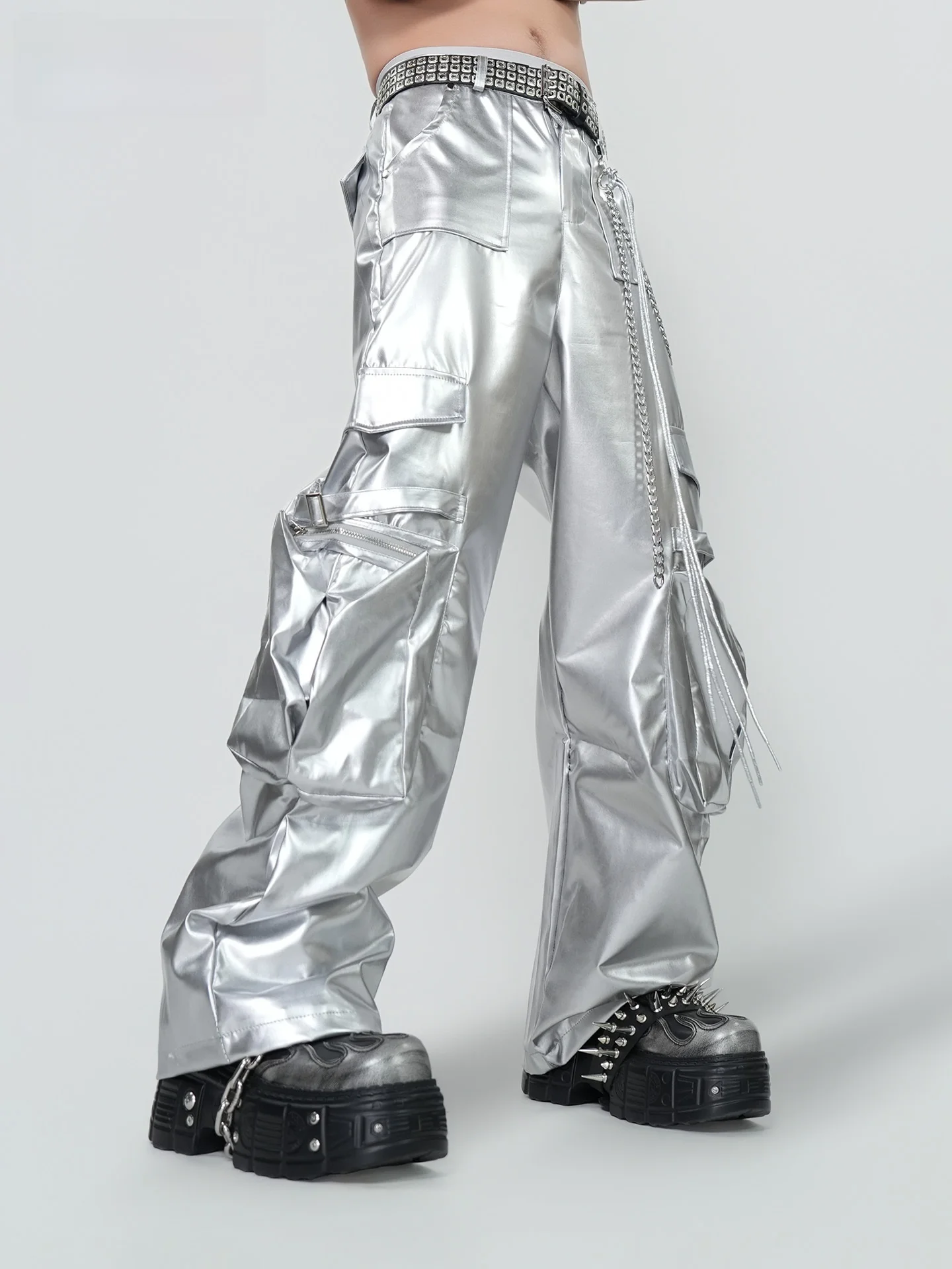 

Silver Straight Leg Wide Leg Workwear Trousers Punk Style Performance Pants Visual Show Y2K Trendy Fashion Casual Pants