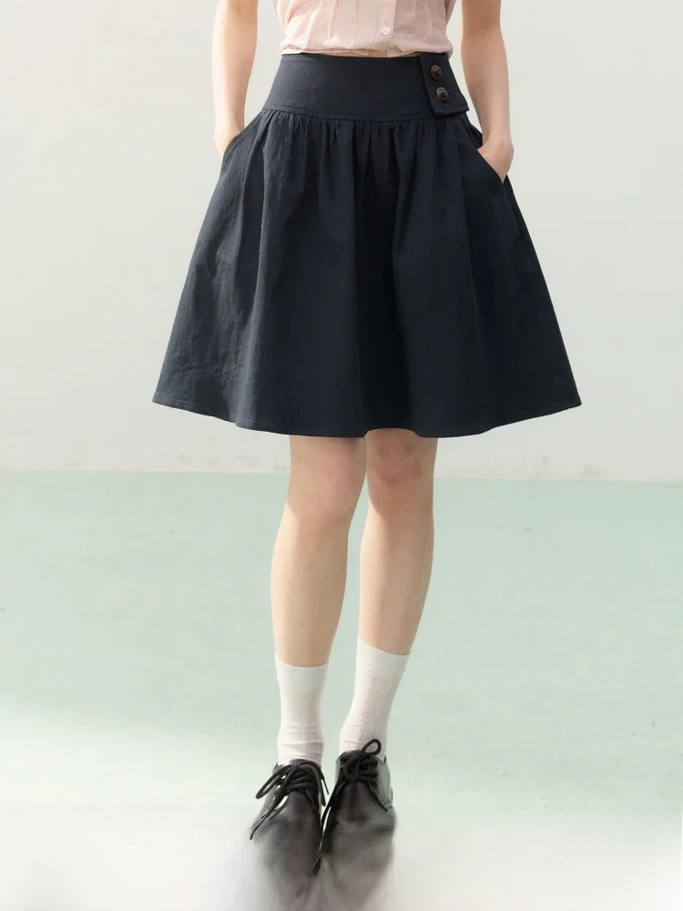 

ELEVEN SPP High Waist A-Line Midi Skirt Women's Summer Dark Blue Versatile Slimming Korean Style Half-length Skirts