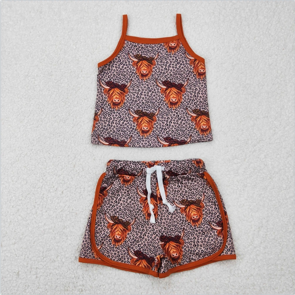 

Hot Sale Baby Girls Clothes Kids Clothes Girls Boutique Baby Girls Brown Strap Leopard Highland Cows Top Short Sport Clothes Set
