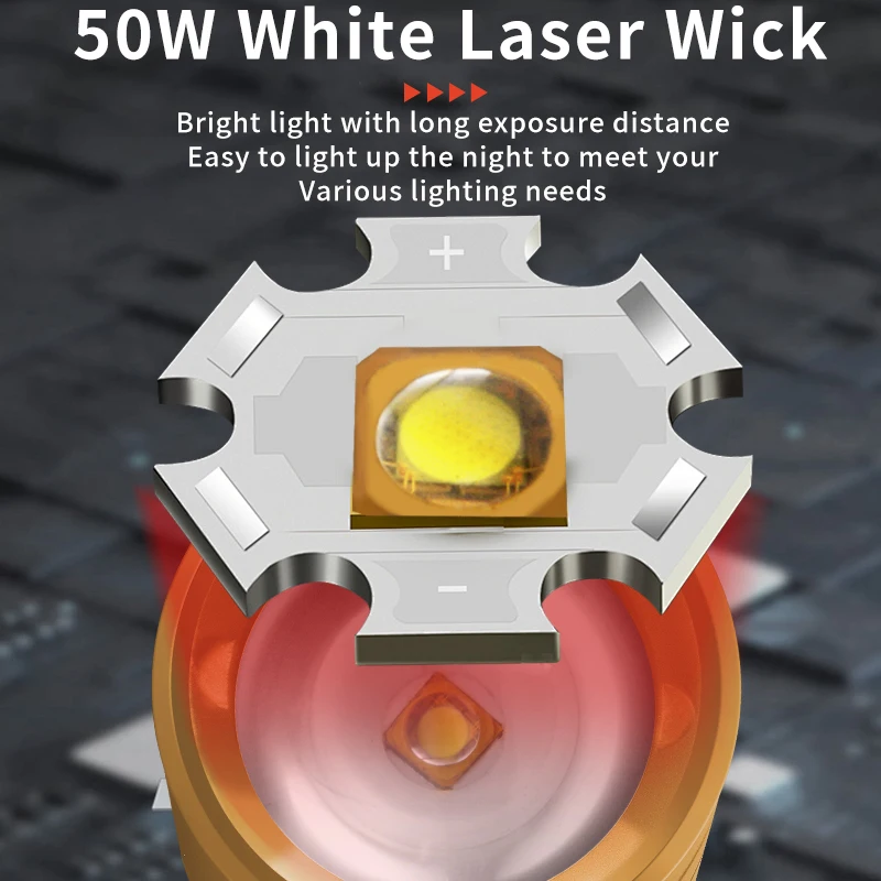 50w 백색 레이저 고출력 손전등 초강력 서치라이트 토치 휴대용 야외 캠핑 조명 줌 기능 손전등