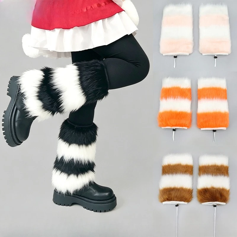 Gyaru Faux Fur Leg Warmer Winter Goth Striped Leg Warmers Y2k Knee High Socks Boot Cuff Slouch Socks JK Girl Boot Cover Hosiery